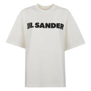 Jil Sander Vit Rundhalsad T-shirt med Svart Bröstlogotyptryck White, D...