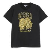 Ganni Ugglor Grafiskt Tryck T-shirt Black, Dam