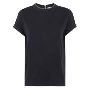 Brunello Cucinelli Rundhalsad T-shirt med Monili krage Black, Dam