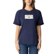 Elisabetta Franchi Blå Bomull Jersey T-shirt med Broderad Patch Blue, ...