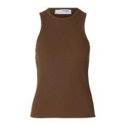 Selected Femme Ärmfri Ribbstickad Topp Brown, Dam