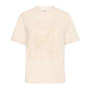 ICHI Broderad Tee Mandelmjölk Beige, Dam