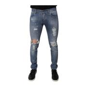 Dolce & Gabbana Tatterad Skinny Denim Jeans med Logotyp Blue, Herr