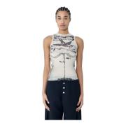 Jean Paul Gaultier Tattoo Rose & Bird Print Tank Top Beige, Dam