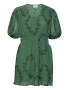 Pleated Georgette V-Neck Smock Mini Dress Kort Klänning Green Ganni