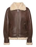 Vintage-Effect Shearling Jacket Läderjacka Skinnjacka Brown Mango