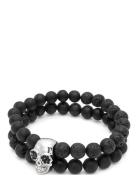 Nialaya Double Beaded Bracelet With Lava-St , Onyx And Silver Skull Sv...