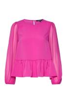 Crepe Light Georgett Peplum Tp Tops Blouses Long-sleeved Pink French C...