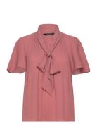 Pleated Georgette Tie-Neck Blouse Tops Blouses Short-sleeved Pink Laur...