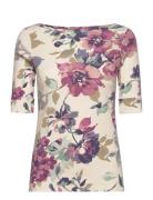 Lauren Ralph Lauren Floral Stretch Cotton Boatneck Tee Kräm