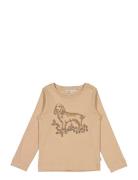 T-Shirt Dog Embroidery Tops T-shirts Long-sleeved T-shirts Beige Wheat