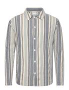 Knowledge Cotton Apparel Loose Jacquard Woven Striped Shirt Blå