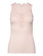 Silk Top W/ Button & Lace Tops T-shirts & Tops Sleeveless Pink Rosemun...