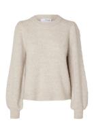 Selected Femme Slflulu Ls Knit Rib O-Neck Noos Beige