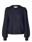 Selected Femme Slflulu Ls Knit Rib O-Neck Noos Marinblå