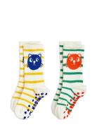 Mini Rodini Cats Stripe 2-Pack Anti-Slip Socks Kräm