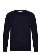 Lindbergh Lambswool Raglan Cable O-Neck Knit Marinblå