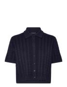 Lexington Clothing Short Sleeve Cable Knitted Polo Cardigan Marinblå