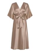 Malina Juno V-Neck Satin Midi Dress Beige