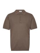 Lindbergh Crochet Knitted S/S V-Neck Polo Brun