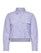 Mango Striped Cropped Shirt With Pockets Blå