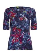 Lauren Ralph Lauren Print Stretch Cotton Boatneck Tee Blå